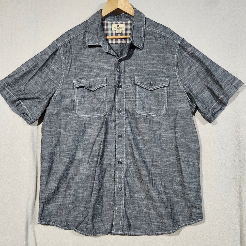 Woolrich Mens XL Short Sleeve Button Down Shirt Gray Cotton Workwear Chambray - Picture 2 of 8